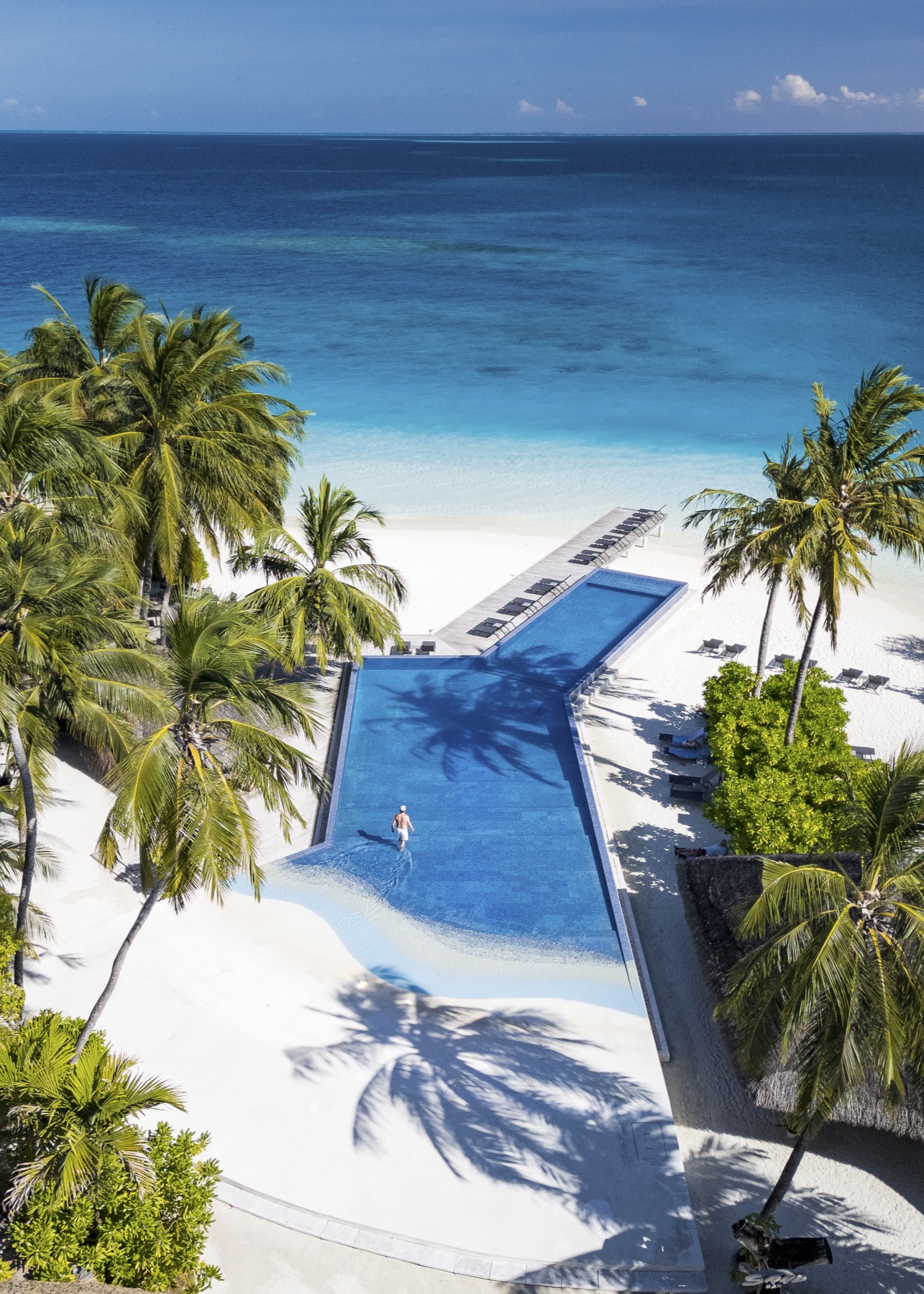 An infinity pool framed by palms, white sand, and the Indian Ocean