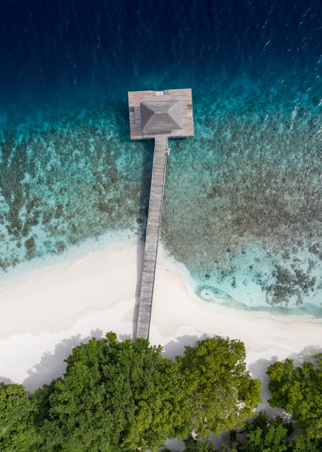 An aerial view of an overwater villa and coral lagoon